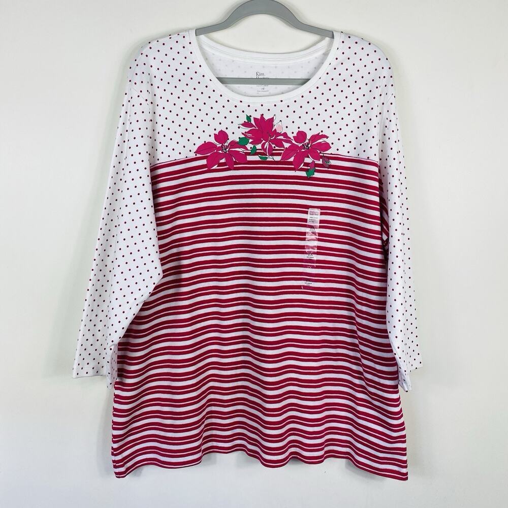 Kim Rogers Top 2X Perfectly Soft Striped Polka Dot Floral 3/4 Sleeve Crew Neck